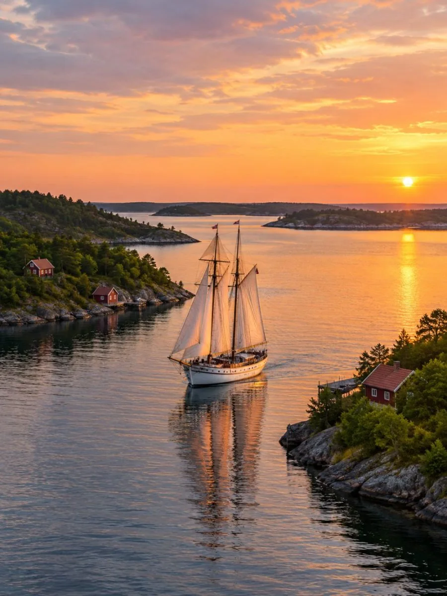 Des îles vertes et un voilier sur le fjord d'Oslo intérieur calme, baigné de lumière vespérale