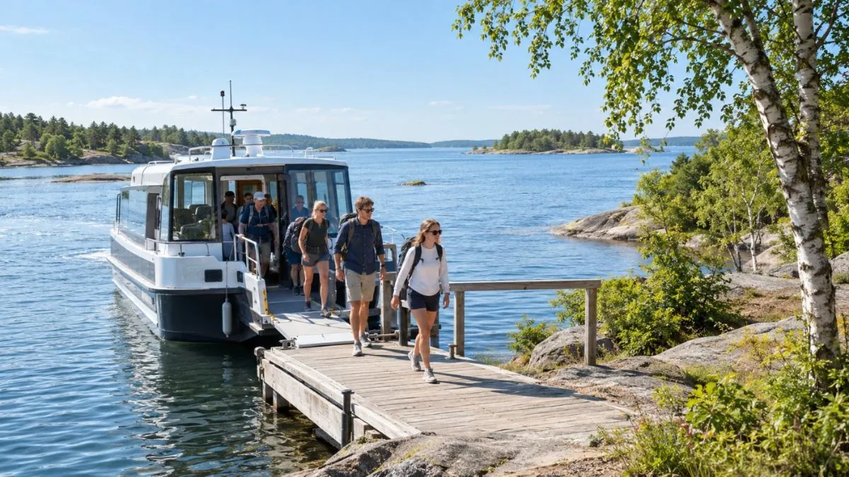 Passeggeri che scendono da un piccolo traghetto elettrico su una banchina di un’isola
