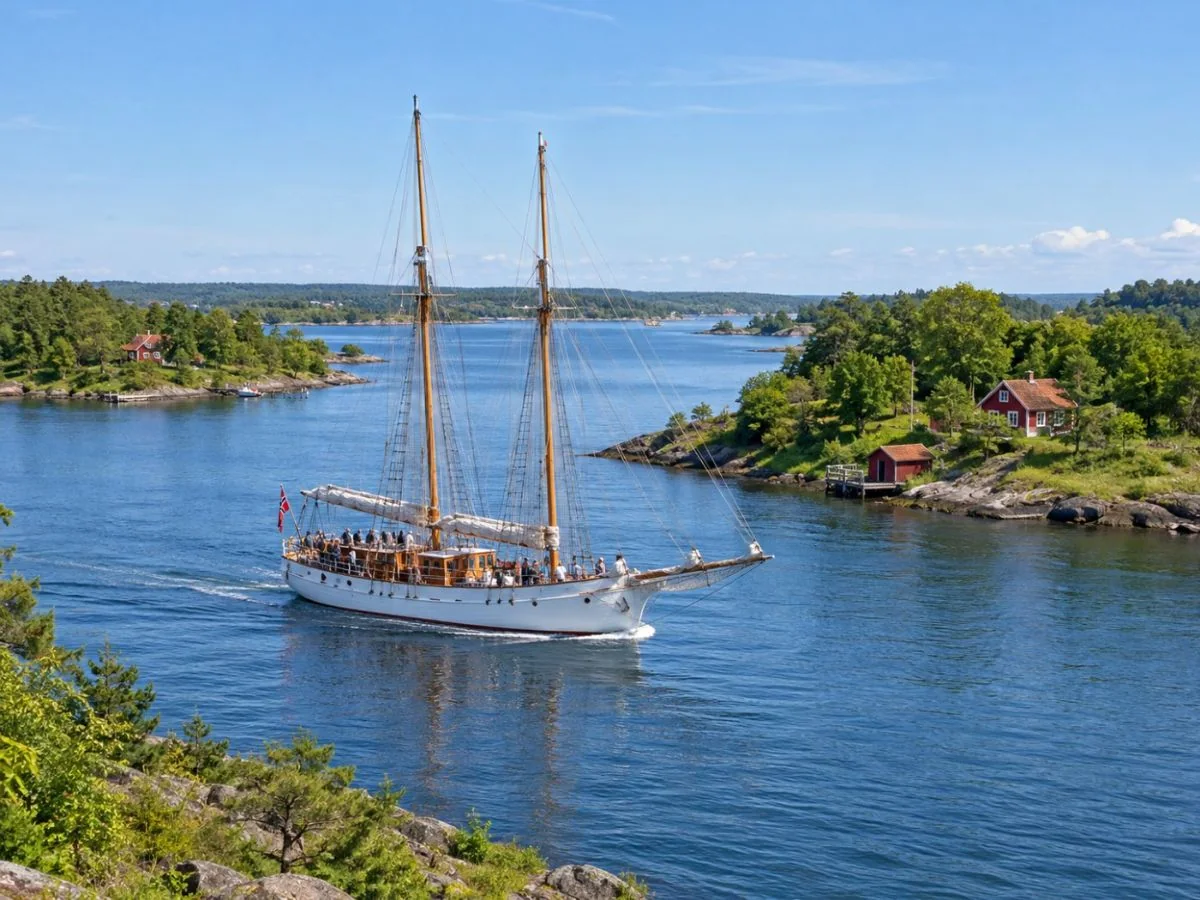 Ein Holzsegelschiff zwischen grünen Inseln